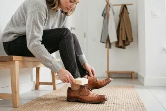 Femme insérant une semelle compensatrice dans une chaussure trop grande pour rattraper une pointure