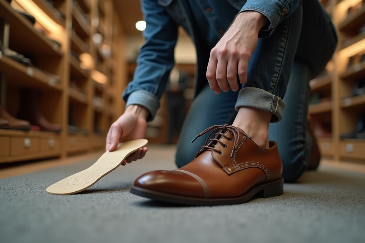 Homme insérant une semelle intérieure dans une chaussure en cuir trop grande dans un magasin de chaussures