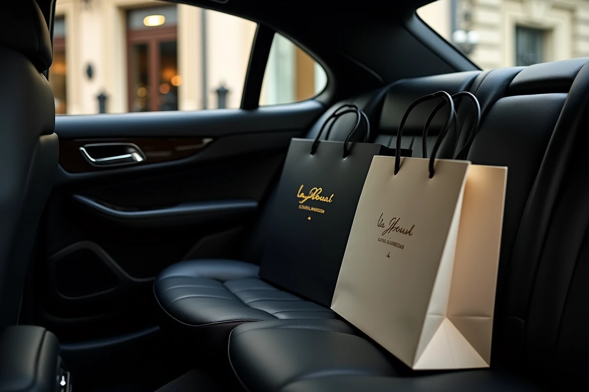 Sacs de shopping de luxe dans une voiture avec service de conciergerie Avenue Montaigne