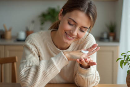 Femme appliquant creme visage dans une ambiance cozy