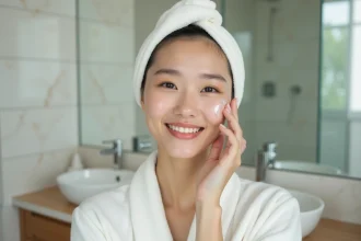 Jeune femme asiatique appliquant un serum visage naturel