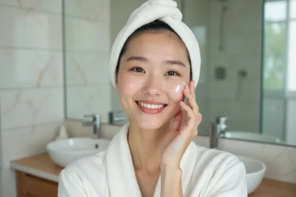 Jeune femme asiatique appliquant un serum visage naturel