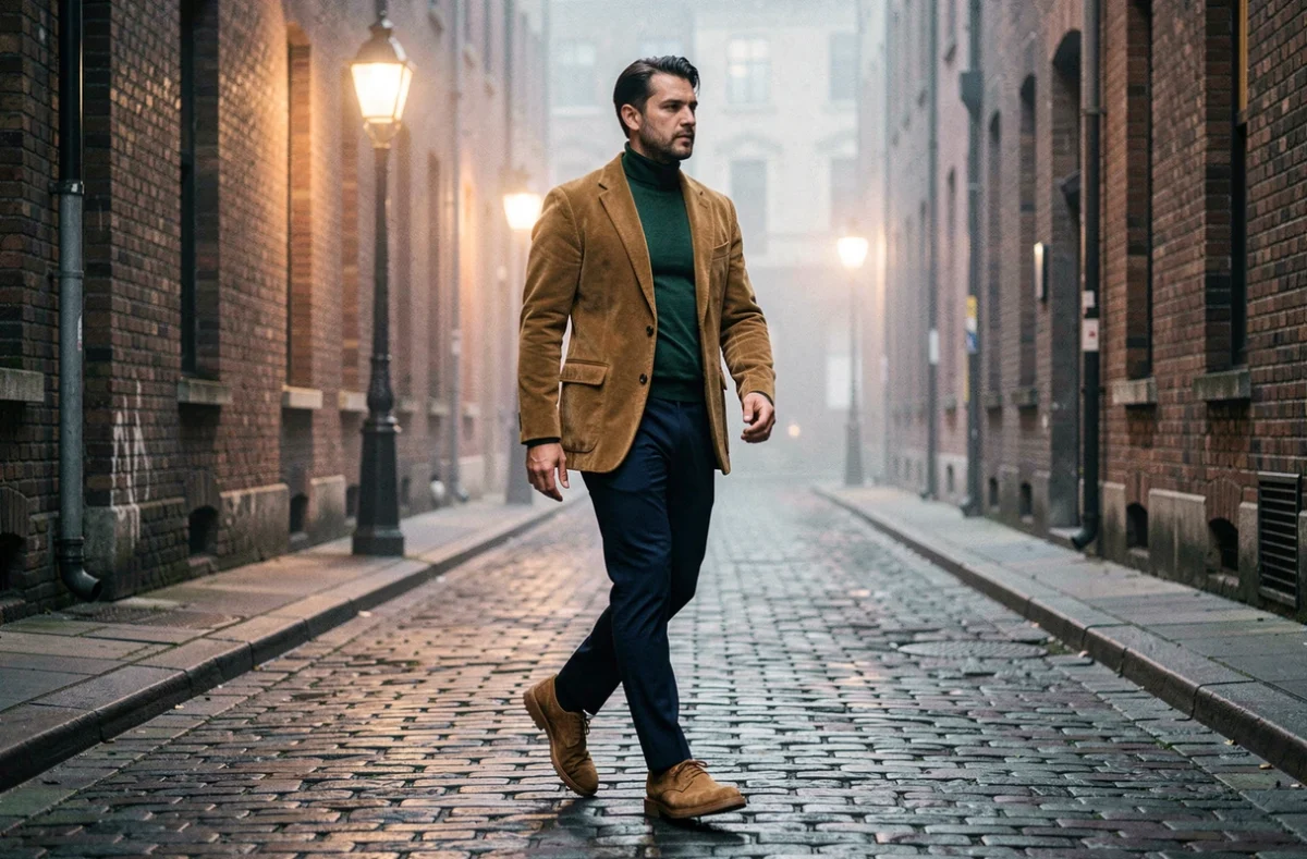 Homme en veste velours côtelé caramel et col roulé vert marchant dans une ruelle pavée brumeuse dans un style rétro urbain années 60