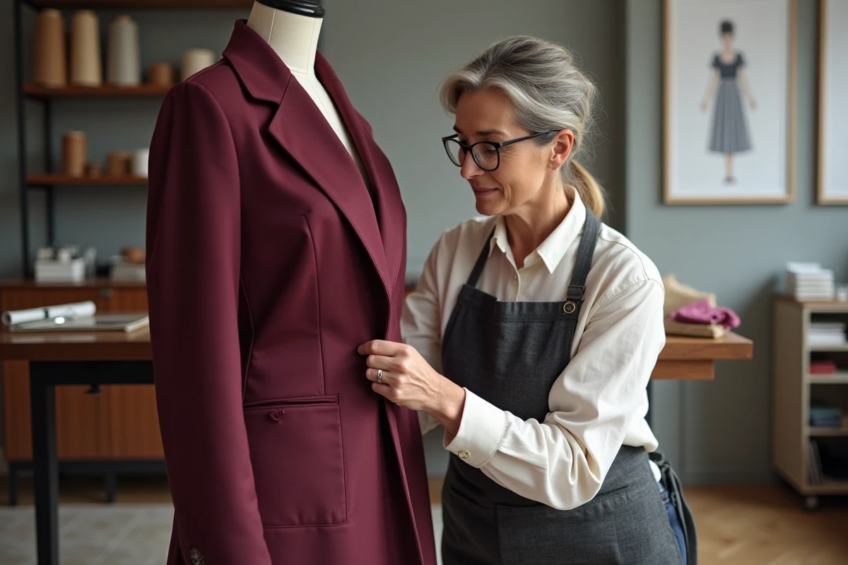 Couturière épinglant un blazer sur un mannequin grande taille dans un atelier de retouche à Reims