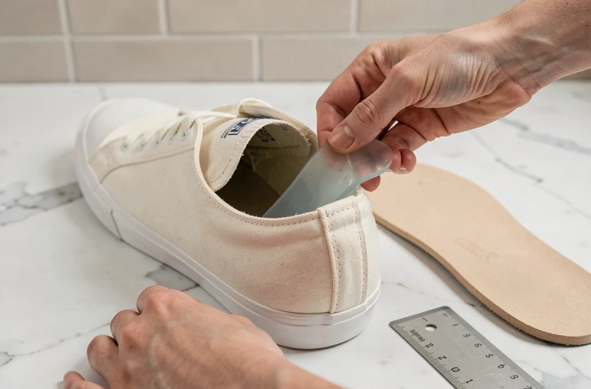 Gros plan sur l'insertion d'une talonnette en gel dans une chaussure trop grande pour rattraper une pointure