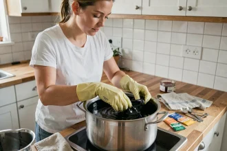 Femme teignant un t-shirt en coton blanc en noir dans une casserole sur une cuisinière, processus de teinture textile à la maison