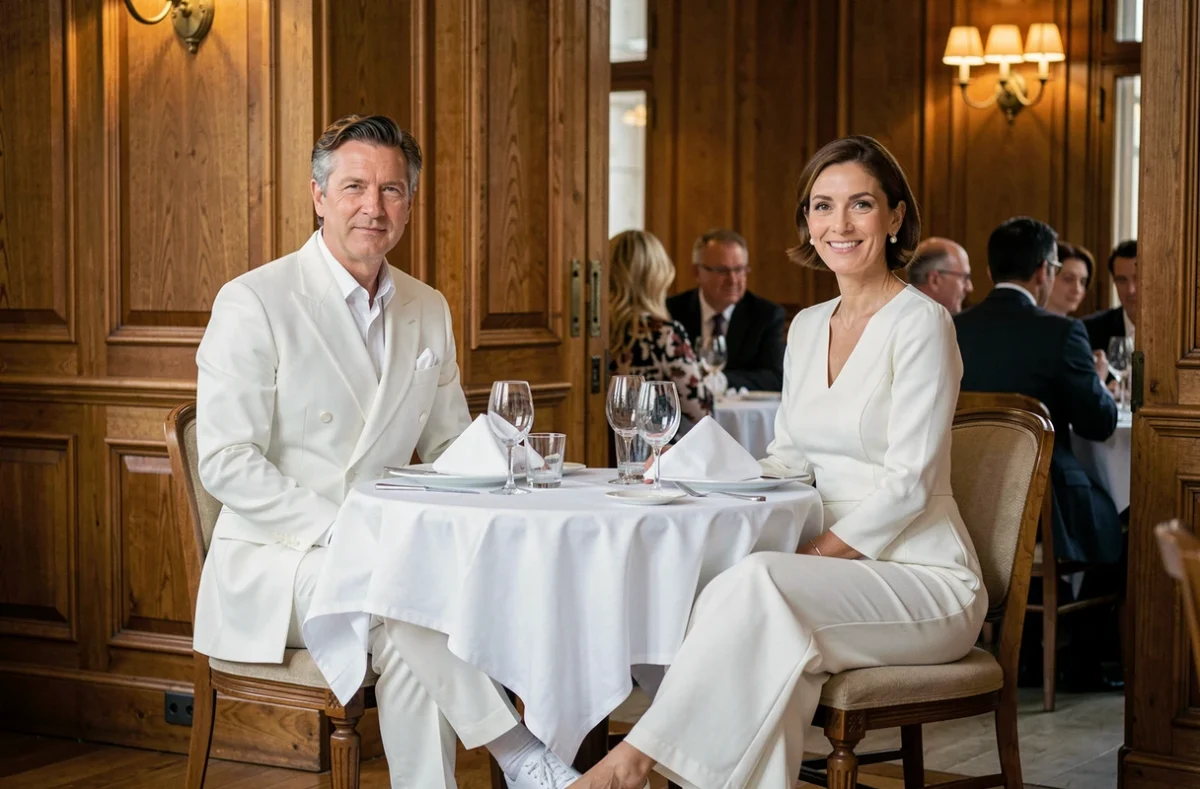 Couple en blanc habillé pour un dîner de soirée élégant, homme en costume blanc double boutonnage et femme en combinaison blanche structurée