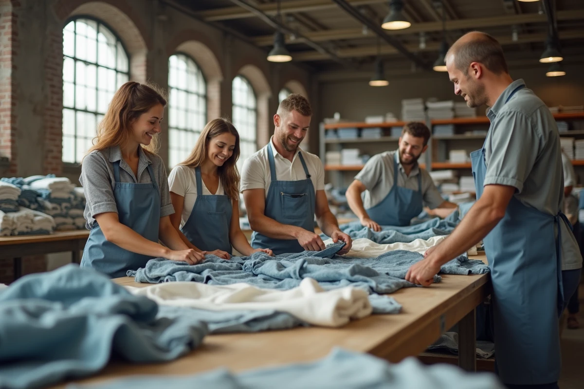Groupe de travailleurs pliant des vêtements dans un entrepôt
