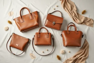 Présentation à plat de six types de sacs à main différents sur tissu lin, vue de dessus style éditorial