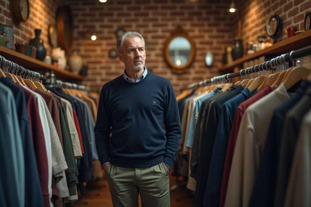 Homme regardant vêtements vintage dans une boutique