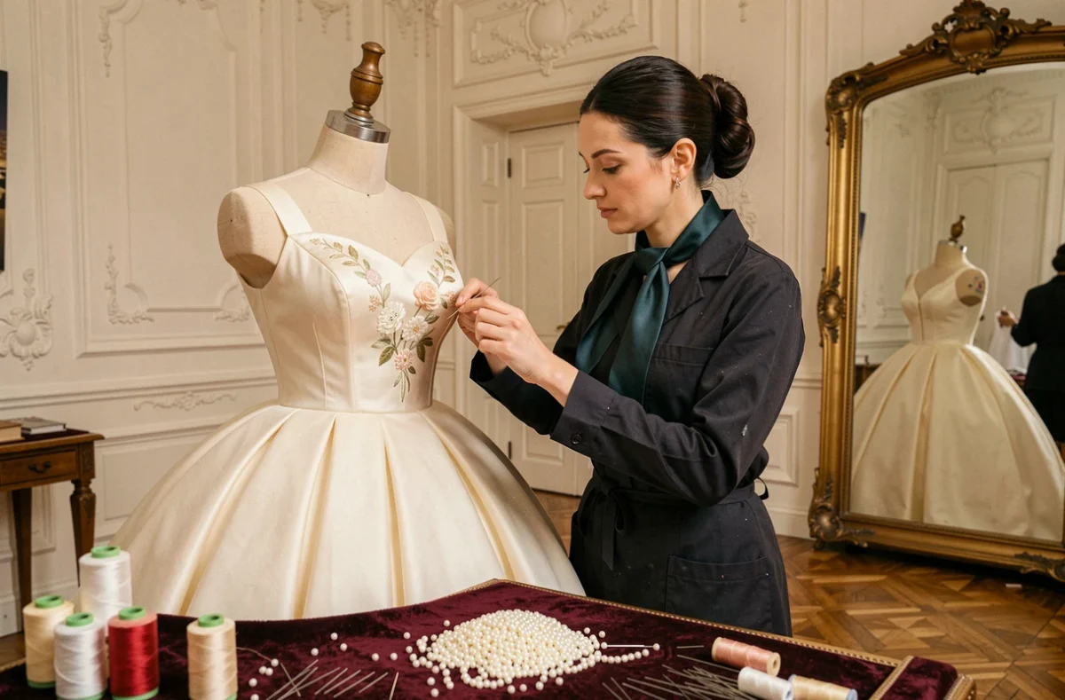 Artisane de Yara Shoemaker brodant à la main une robe de haute couture dans un atelier parisien luxueux